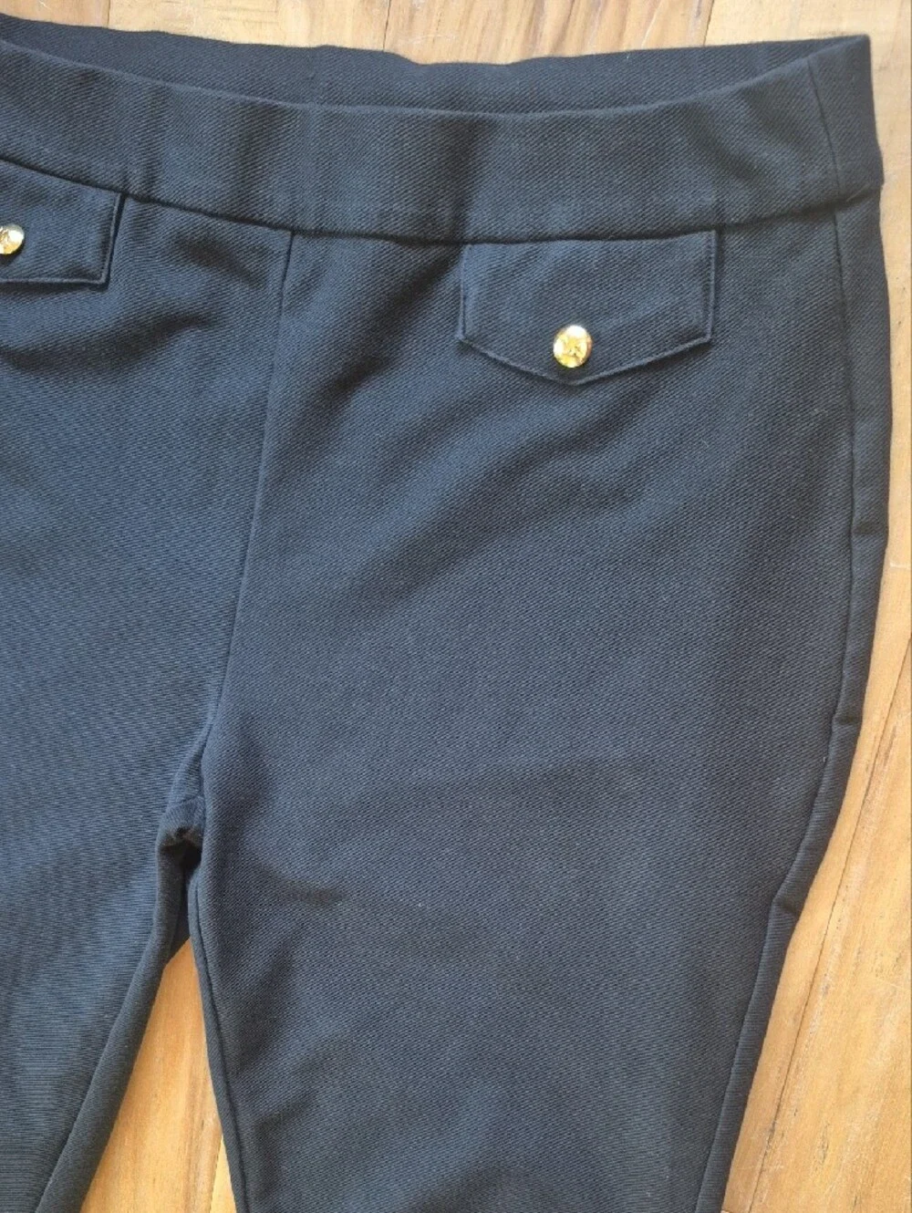 Michael Kors Black Ponte Pull-On Pants with Gold Button Details